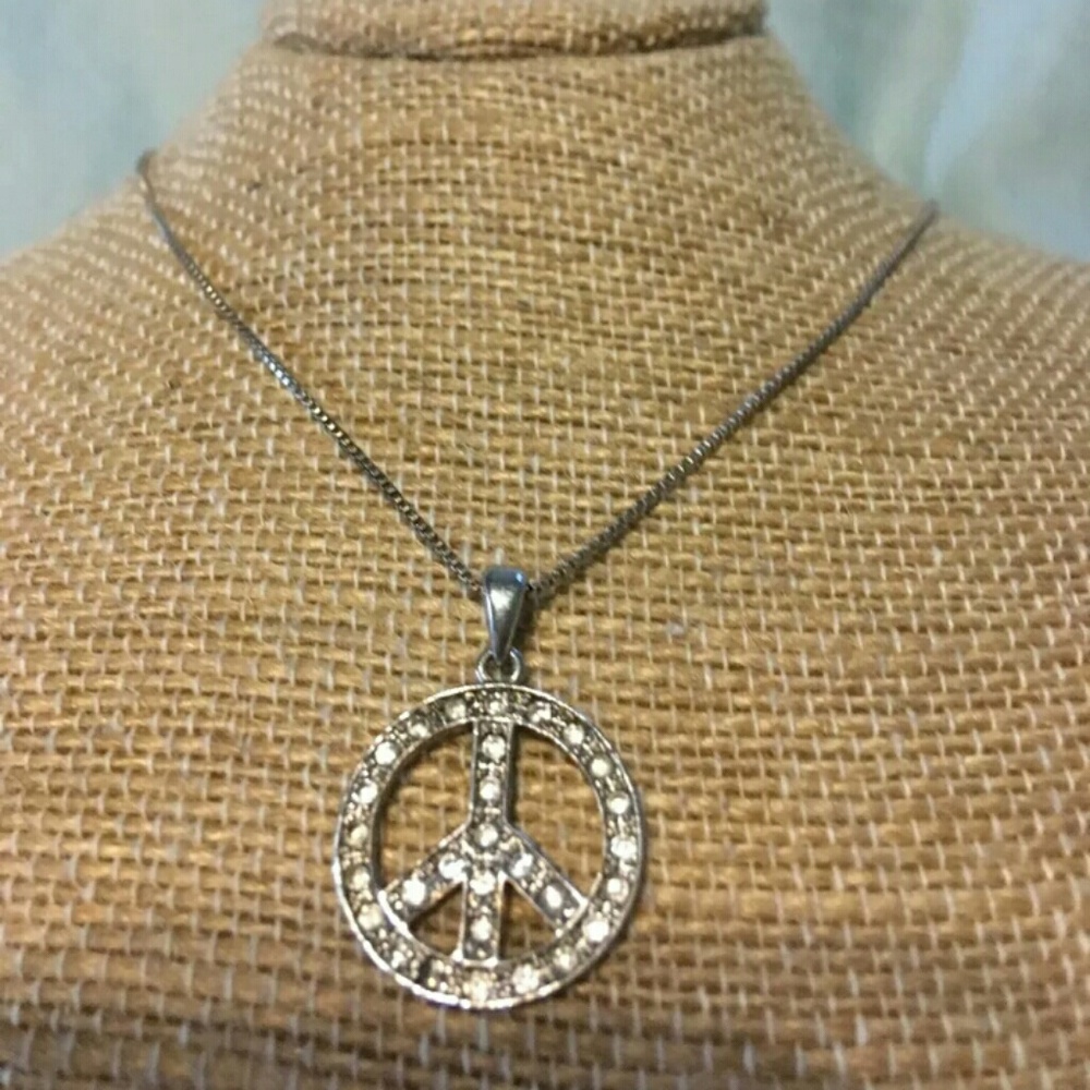 Sterling Silver 925 Italy Peace Sign Pendant Cryst
